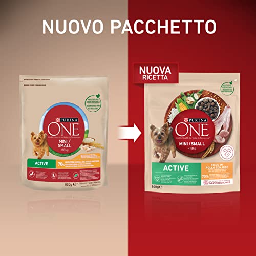 Purina One Mini Active für Hunde unter 10 kg, Kroketten mit Huhn und Reis, 8 Packungen à 800 g