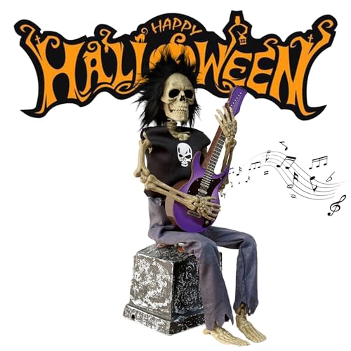 Halloween Decoration Indoor Tabletop Animatronics, Animated Skeleton Halloween Bass Player with Music, Collectible Figurines, Table Centerpiece for Party Office, Gifts for Adults, Friends