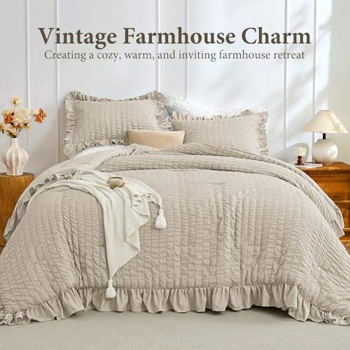 Image of JOLLYVOGUE Full Size Comforter, 3 Pieces Linen Seersucker Lightweight Full Size Bedding, All Season Fluffy Microfiber Bedding Comforter Set with 1 Ruffle Comforter and 2 Ruffle Pillowshams