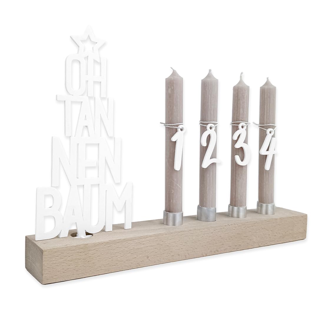 Adventskranz modern aus Holz Kerzenhalter Set länglich Adventsleiste mit Kerzen Oh Tannenbaum (weiß)