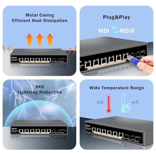 Image of 8 Port Unmanaged 10Gbe Ethernet Switch with 6 x 10Gb RJ-45 Ports, 2 x 10Gb SFP+ Ports, Ports Speed Auto-Negotiation-1000M /2.5G /10G, One-Key VLAN, Build in Cooling Fan & Metal Shell, Plug & Play
