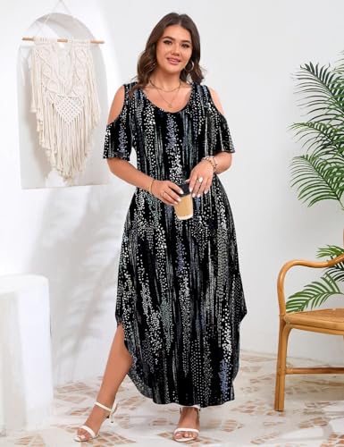 Image of JollieLovin Womens Plus Size Casual Summer Maxi Long Dress Cold Shoulder V Neck Beach Sundresses