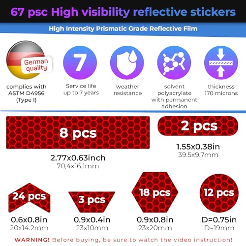 Image of LOOM Reflective Stickers | 67pc Prismatic Red | Reflective Stickers for Helmet, Bike, Motorcycle, Hard Hat | Waterproof Reflectors for Car, Trailer | Bike Reflectors for Night Riding