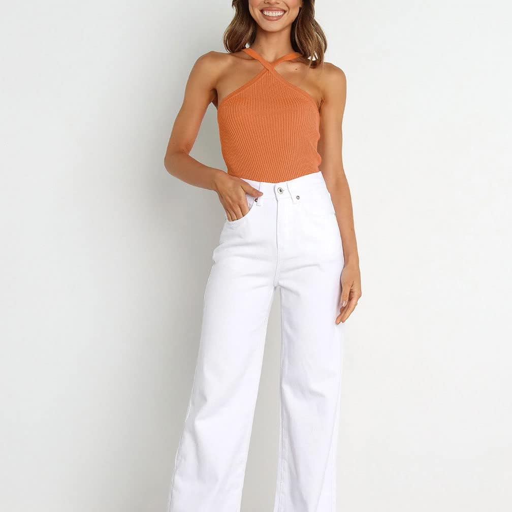 WFHFNJW Women Sexy Criss Cross Ribbed Knit Halter Crop Cami Sleeveless Backless Slim Fit Solid Casual Cropped Tank Top(M,Orange) - Image 2