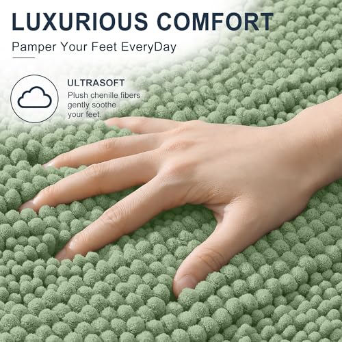 Image of Smiry Thick Chenille Bathroom Runner Rugs 59x20, Absorbent Striped Bath Mat, Machine Washable, Rubber Backing, Extra Long Bath Rugs for Tub & Shower, Modern Home Decor Accessories, Sage Green