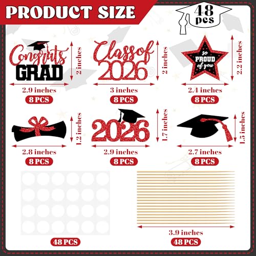 Image of 48 PCS Graduation Cupcake Toppers, Glittery 6 Styles Congrats Grad Cake Topper, Black and Red Graduation Decorations 2026, Cap and Diploma Cake Picks for Grad Party Supplies