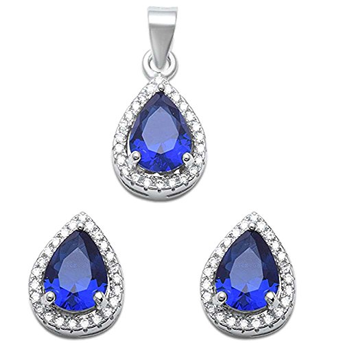 Jewelry Set Pendant Earring Teardrop Pear Simulated Blue Sapphire Round Cubic Zirconia 925 Sterling Silver
