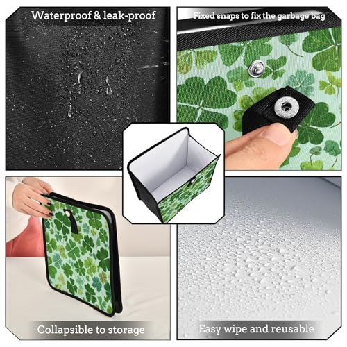 Image of Car Trash Can Organizer Bin with Adjustable Strap for Back Front Seat Console Waterproof Leakproof Collapsible Portable 11 Inch Green Nature St Patrick Clovers