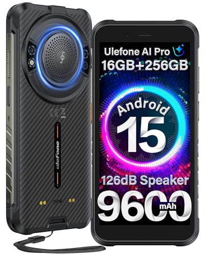 Ulefone RugKing Rugged Smartphone, 16GB+256GB/2TB TF, 9600mAh Dock Charging, 126dB Speaker, Android 15, 50MP Waterproof Camera, 5.99 inch IP68 Outdoor Armor Mobile Phone Unlocked, 4G 3-Card Slot NFC