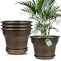 16 inch Plant Pots Outdoor Planters?4 Pack Large Plastic Flower Pot for Indoor Plants with Drainage Holes & Saucer, Resin Decorative Container Sets with Trays for House Outdoor Garden Plant Dark Gold