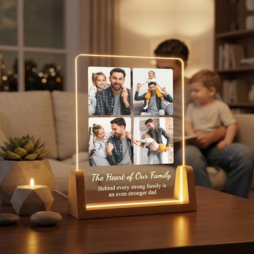 Image of Giftplease Fathers Day Tabletop Rectangular Acrylic Wood Photo Frame | Custom Picture Layout Warm Led Light Base Desktop Night Decor Standee for Papa Dad Husband Stepdad Grandfather