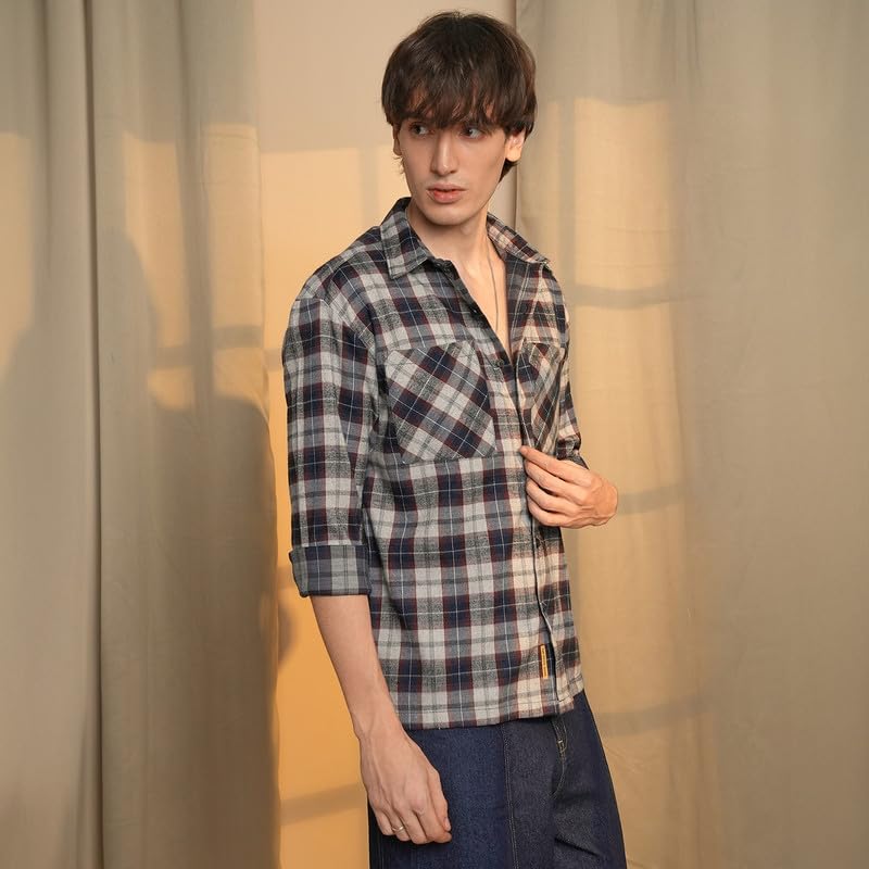 Image of CAHOOT Men's Gingham Shirt | Casual Wear | Spread Collar | Long Sleeve | Button Closure | Shirt Crafted with Comfort Fit for Everyday Wear