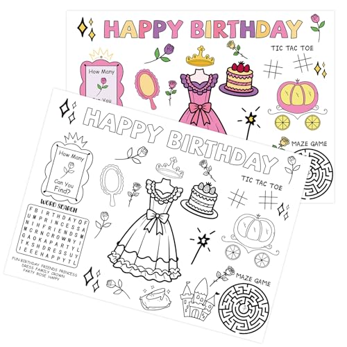 12Pcs Princess Birthday Coloring Placemats Princess Coloring Sheet Table Mats Table Decorations for Grils Princess Theme Birthday Decors Party Activities Games Favors