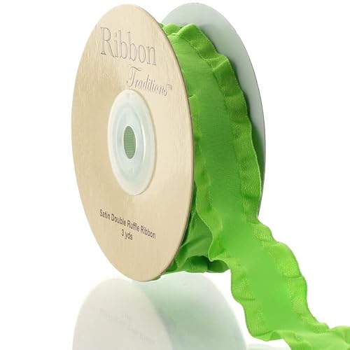 7/8" Satin Double Ruffle Ribbon Emerald Green 3 Yards #TOP3