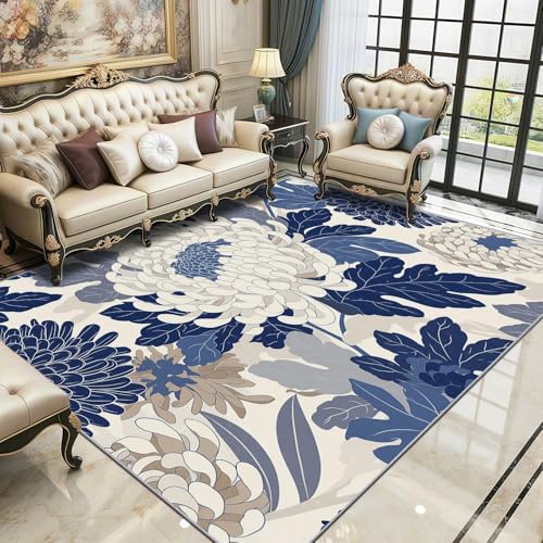Tapis antidérapant bleu et blanc lavable pour protéger le sol du salon