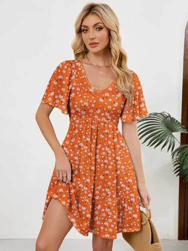 Image of UEAL Womens Cute Floral Smocked V Neck Flutter Sleeve Sundress with Pockets Casual Spring Summer Dresses for Women 2026
