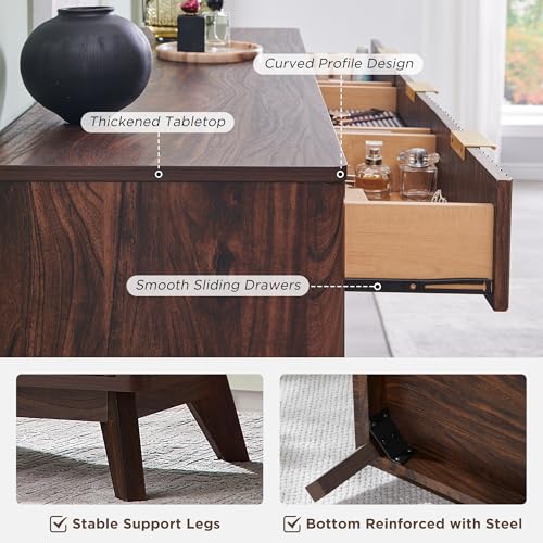 Image of T4TREAM Fluted 9 Drawers Dresser, 54 inch Wide Modern Chest of Drawers, Curved Profile Design, Dresser TV Stand, Wood Drawer Organizer for Bedroom, Living Room, Hallway, Dark Walnut
