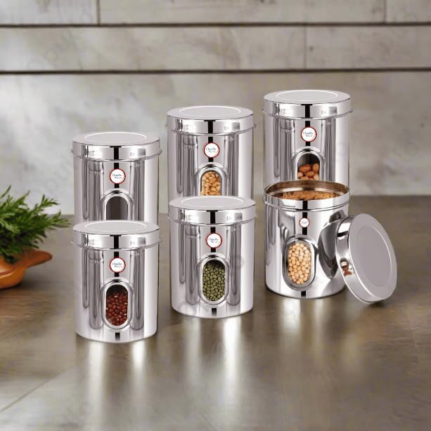 Image of Opullo Stainless Steel See Through Containers for Kitchen | Mirror Polished Stainless Steel Containers With Lid and Transparent Window | Multipurpose Dabba Set for Kitchen | Pack of 6 | 1 Kgs