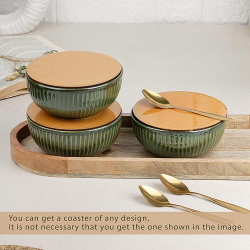 Image of The Earth Store Glam Green Ceramic Bowl Serving Set - 3 Bowls (500ml Each) with Wooden Tray, 3 Spoons & 3 Multipurpose Lids /Coaster - for Snacks, Curries, Desserts & Fruits
