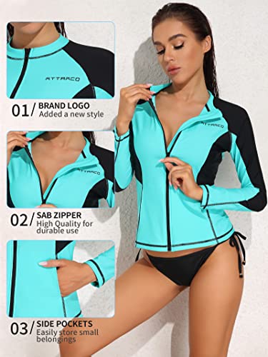 Attraco Rash Guard Long Sleeve Zip Swim Shirt Rashguard Swimsuit For Women Water Shirts Aqua M #TOP3