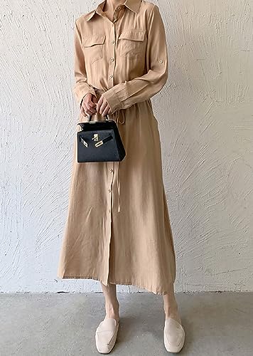 Image of Women Roll-Up Long Sleeve Button Down Shirt Midi Dress