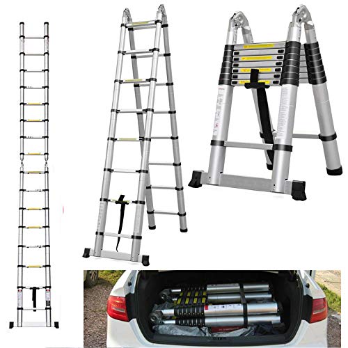 16.5ft Aluminum Telescoping Ladder with Stabilizer Bar Retractable A-Type Ladders Compact Easy to Carry for Workshop RV Camper Boat Roof Work Office Garage DIY Builder Supplies