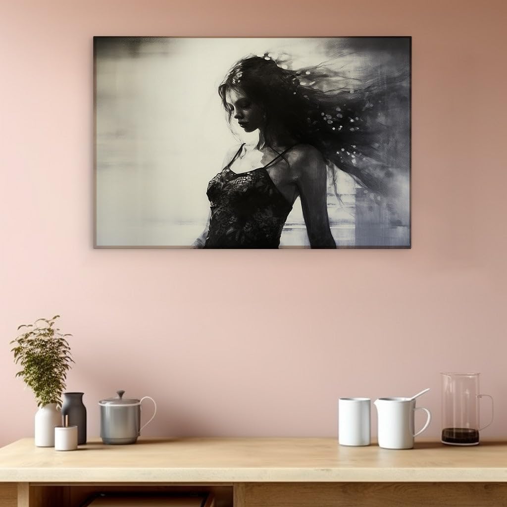 Canvas for Living room. Whispers of Elegance: A Mysterious Lady in Monochrome, 27 x 18 inch Canvas Wall Art - Ready to Hang
