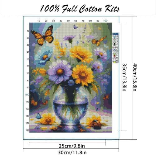 Image of MYBISYMQQ Stamped Cross Stitch Kits for Adults Beginners - Sunflower & Butterfly Flower Vase 11CT Pre-Printed Embroidery Kit, DIY Needlepoint Patterns for Home Wall Art Decor, 15.7x11.8 Inches