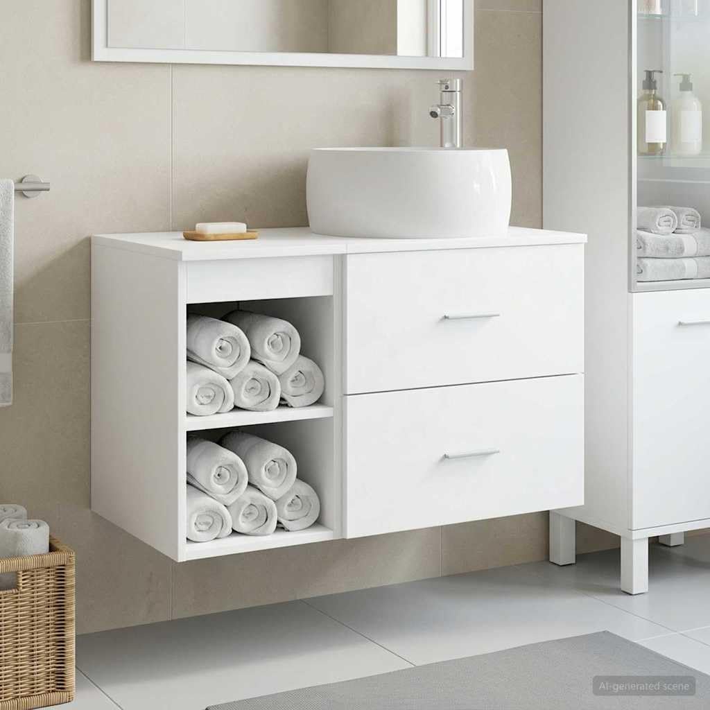Mueble de baño con lavabo montado en la pared de madera blanca con cajón y armario de almacenamiento