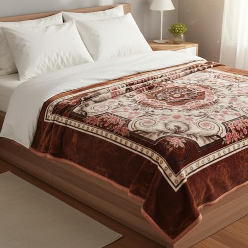 Image of Luxurious Heavyweight Microfiber Korean-Style Plush Blanket, Floral Velvet, 240x220 cm, Winter Comfort, Single Layer (Golden Multicolor, Single)