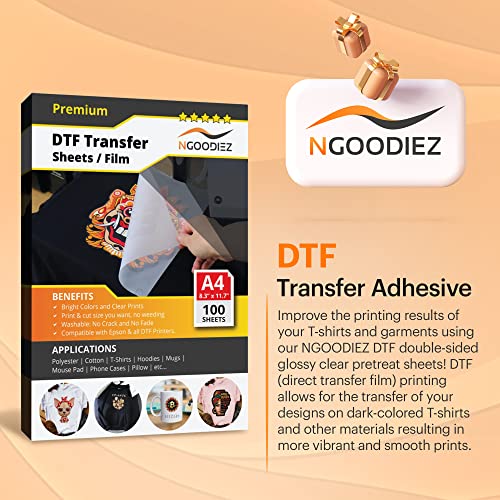 Ngoodiez Dtf Transfer Film - Double-Sided Heat Transfer Paper For T Shirts, Matte Clear Dtf Transfer Paper Used On Dtf Transfer Printer, Vivid Color Transfer Sheets, A4 (8.3" X 11.7") 100 Sheets #TOP1