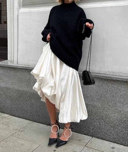 SOMTHRON Women's Bubble Satin Maxi Skirt Low Waist Ruffle Pleated A Line Puffy Summer Flowy Balloon Skirt2