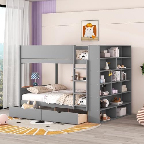 P PURLOVE Full Over Full Bunk Bed with 2 Drawers and Multi-Layer Cabinet, Wood Bunk Bed Frame with Ladder, Can Be Converted to 2 Separated Beds, No Box Spring Needed (Gray)