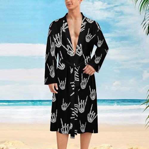 Rock N Roll Skull Hand Mens Summer Robes Lightweight Bathrobe Bath Robe Knee Length Shawl Collar Loungewear2