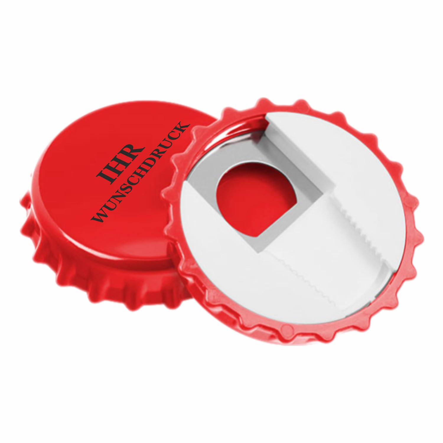 Personalisierter Kronkorken Flaschenöffner WEISS - 84 mm Durchmesser Wähle aus 4 Farben und 20 Schriftarten für den Druck. Eigene Logos auch möglich (Rot, 50)