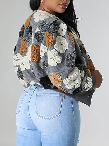 Alunzoem Wool Coats for Women Flower Bomber Jacket Long Sleeve Button Down Fashion Sweater Jackets Outerwear3