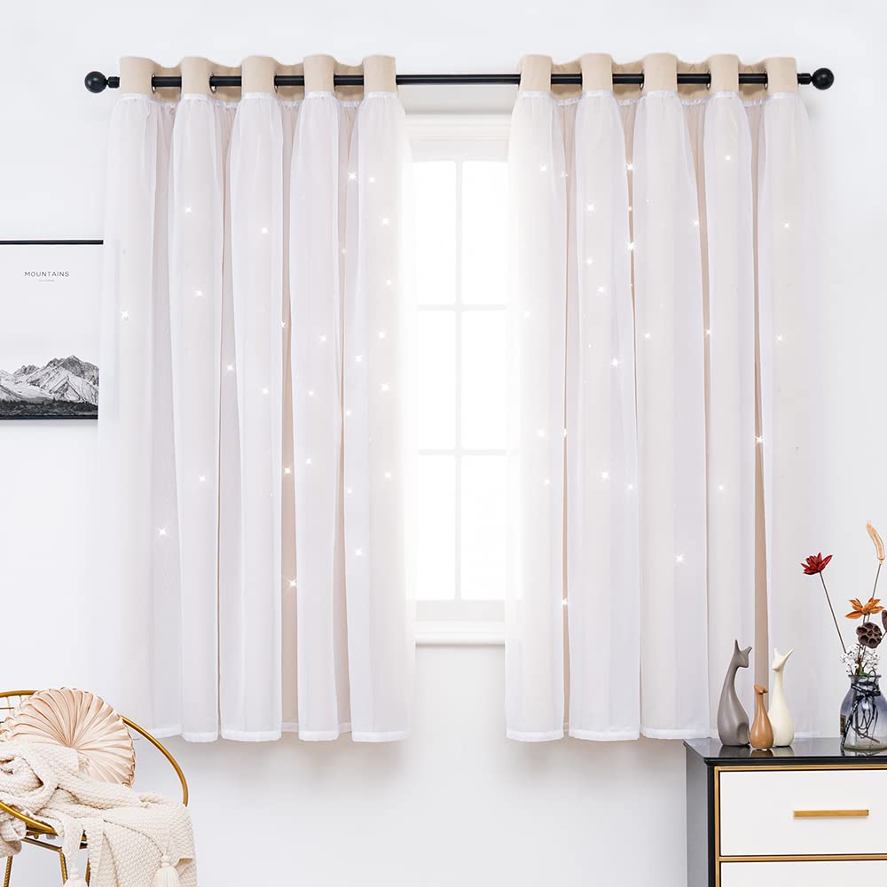 Rideaux occultants thermiques naturels 167x137 cm avec œillets motif étoiles pour chambre
