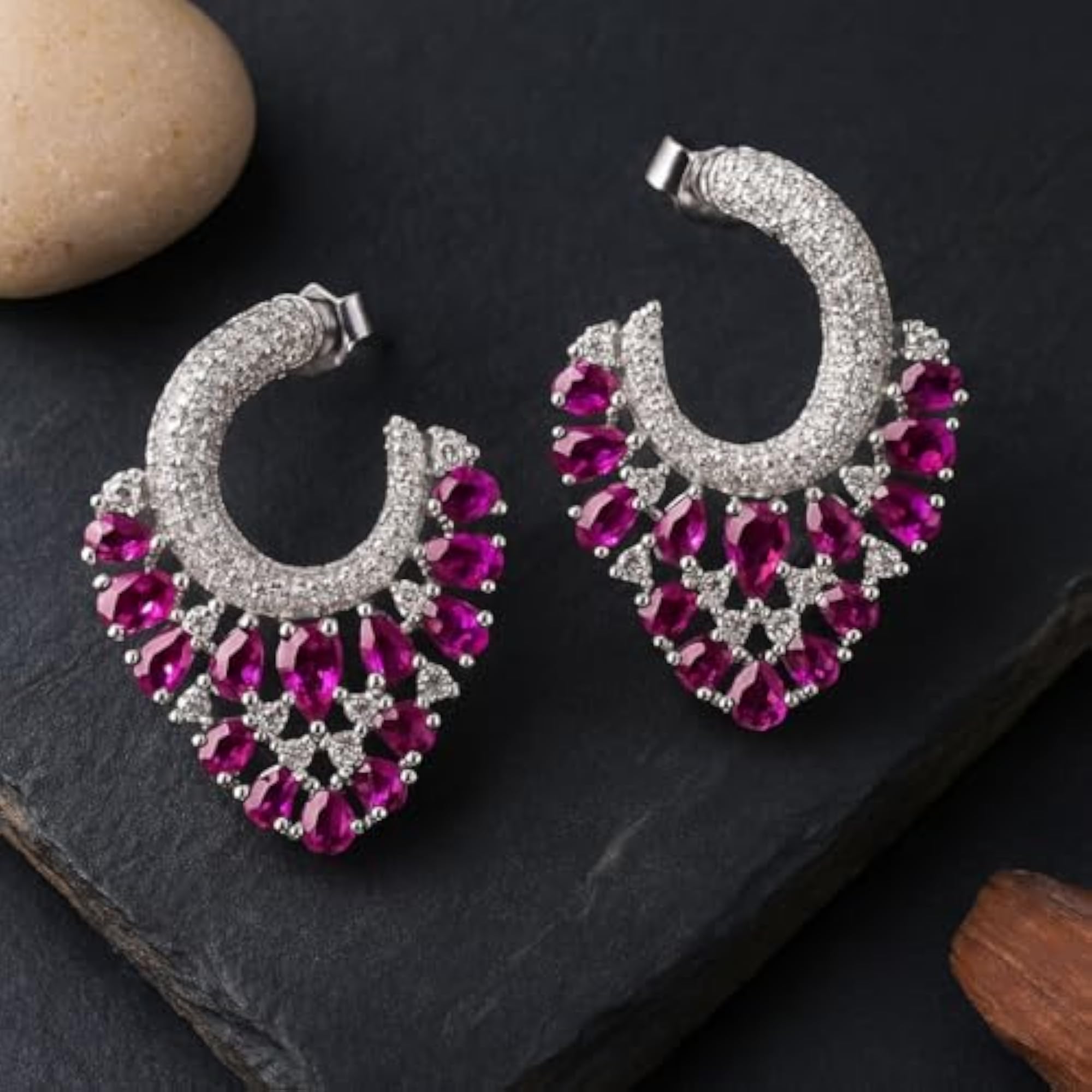 Women's Ruby Marquise Zirconia Hoop Drop Earrings