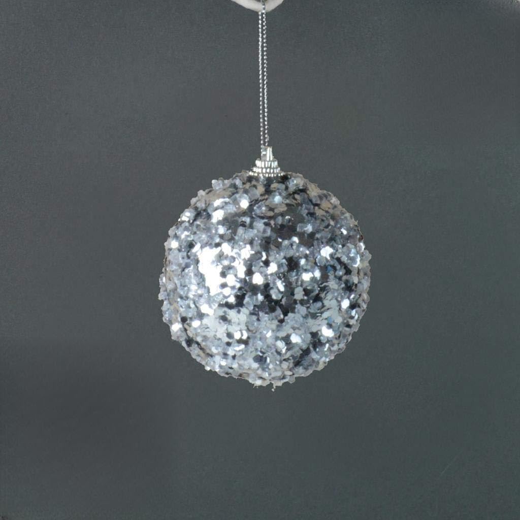 Davies Single Chunky Frost Christmas Bauble x 8cm - Glitter Sequin Decoration - Silver Gold Pink or White (Champagne Silver), 5013206267684