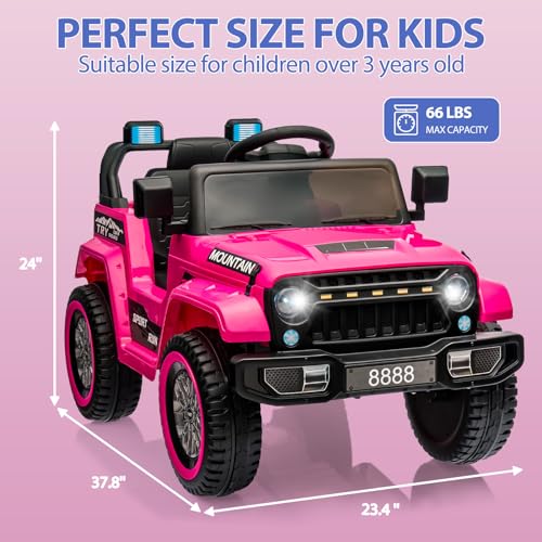 Hetoy Kids Ride On Truck Car, 12V Battery Powered Electric Car w/Parent Remote Control, Spring Suspension, 3 Speeds, LED Lights, Music & Horn, Kids Electric Vehicles Toy Gift for Boys Girls, Pink - Thumbnail 6