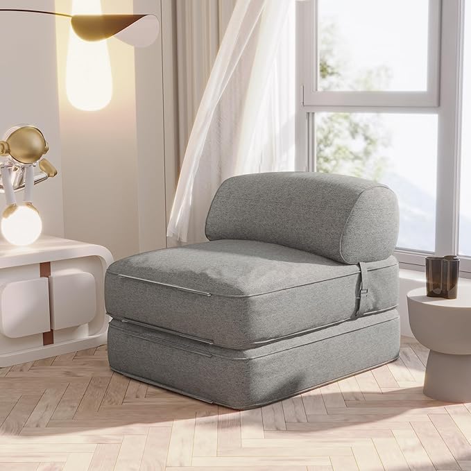 Folding Lazy Floor Sofa for Adults, Linen Convertible Bed Couch Cozy Large Fold Out Chair Bed Grey, Mattress Sleeper Guest Floor Recliner Loung Sofa with Headrest Pillow Bedroom Living Room Balcony