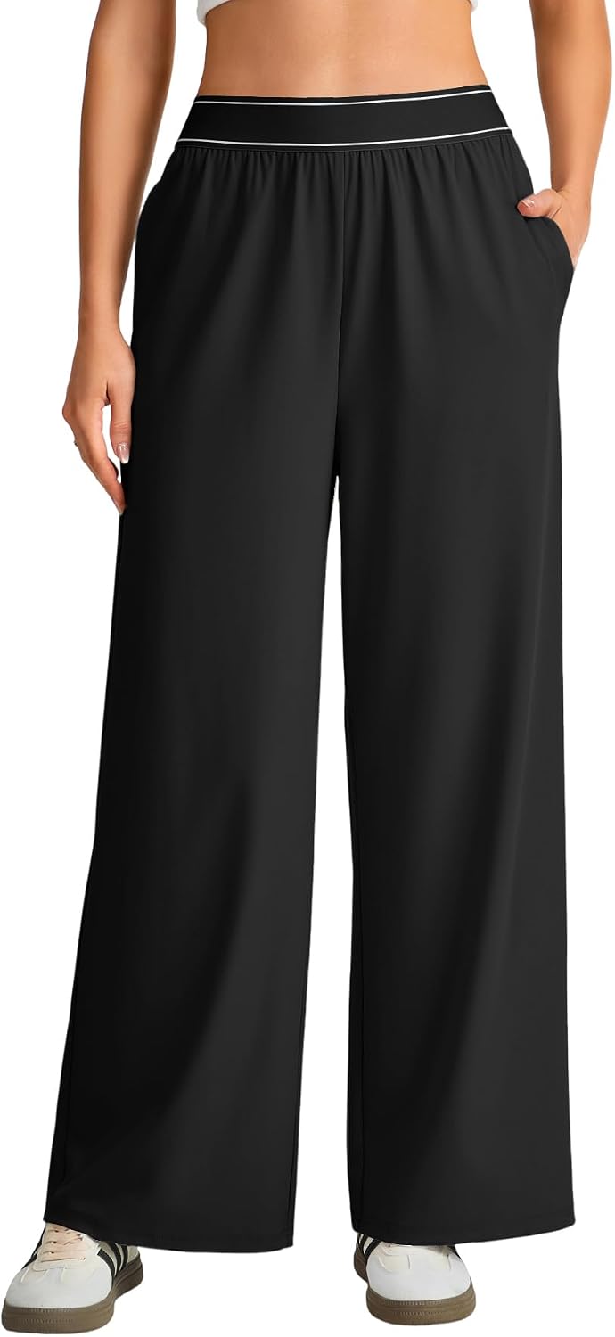 Rooscier Women's Elastic Band High Waist Wide Leg Athletic Pants with Pockets