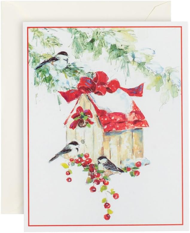 Caspari Chickadees and Birdhouse Mini Boxed Christmas Cards - 16 Cards & Envelopes