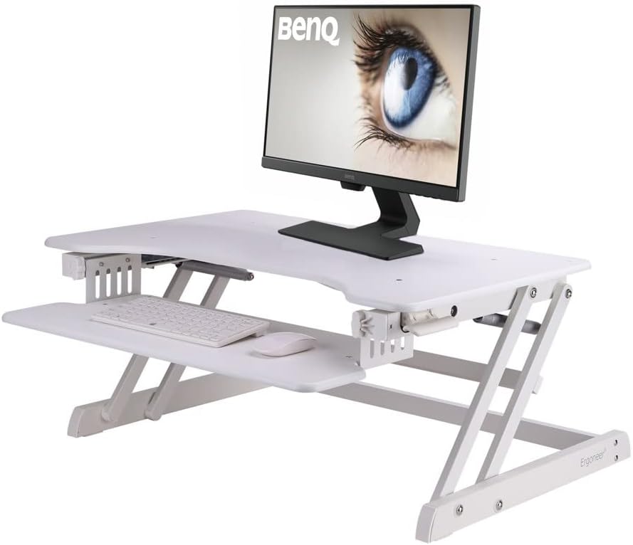ERGONEER Ergonomic Sit to Stand Desk Computer Workstation | Height-Adjustable Standing Desk Riser with Retractable Keyboard Tray (White)