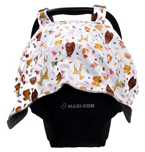 Image of Dear Baby Gear - Baby Car Seat Canopy - Infant Car Seats Covers - Carseat Canopies for Boys & Girls - Toddler Carseat Cover w /Snap Opening (Dainty Forest Animals Nuts and Berries, Light Gray 40 inchx30 inch)