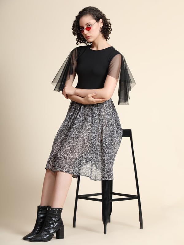 Image of Toochki Women's Black Georgette /Spandex Textured Print Fit & Flared Western Dress | A line | Winter | Western | | Trendy | Midi