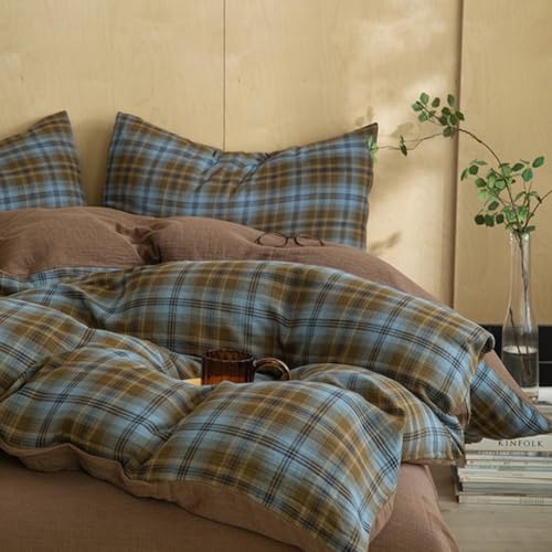 Image of LifeTB Vintage Buffalo Plaid Comforter Set King, Modern Style Blue & Brown Grid Bed Comforter with 2 Pillowcases, 3 Pieces Soft Fluffy Checkered Pattern Comforter Farmhouse Gingham Plaid Bedding Set