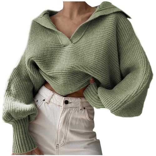 Womens Lapel Collar Pullover Sweaters Lantern Sleeve Striped Chunky Knit Sweatshirt V Neck 2023 Casual Loose Outwear