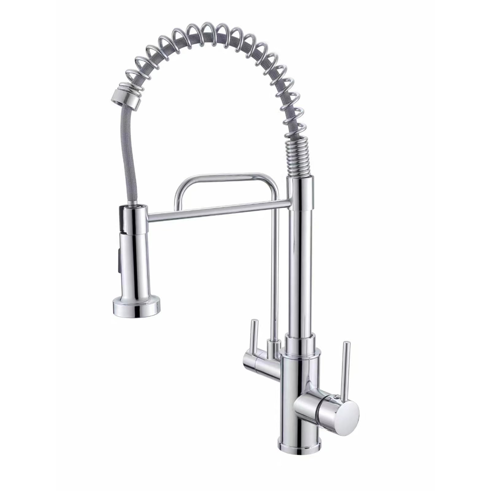 Rubinetto da Cucina a 3 Vie Cromato con Miscelatore Estraibile a Molla a Spirale, Filtro per Acqua Potabile Integrato e Design Elegante per Uso Domestico.