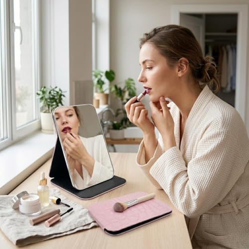 Image of Foldable Makeup Mirror with Adjustable Stand, Portable HD Vanity Mirror for Travel & Dressing Table, PU Leather Crocodile Pattern Compact Cosmetic Mirror for Women & Girls,(16x11cm) Pink
